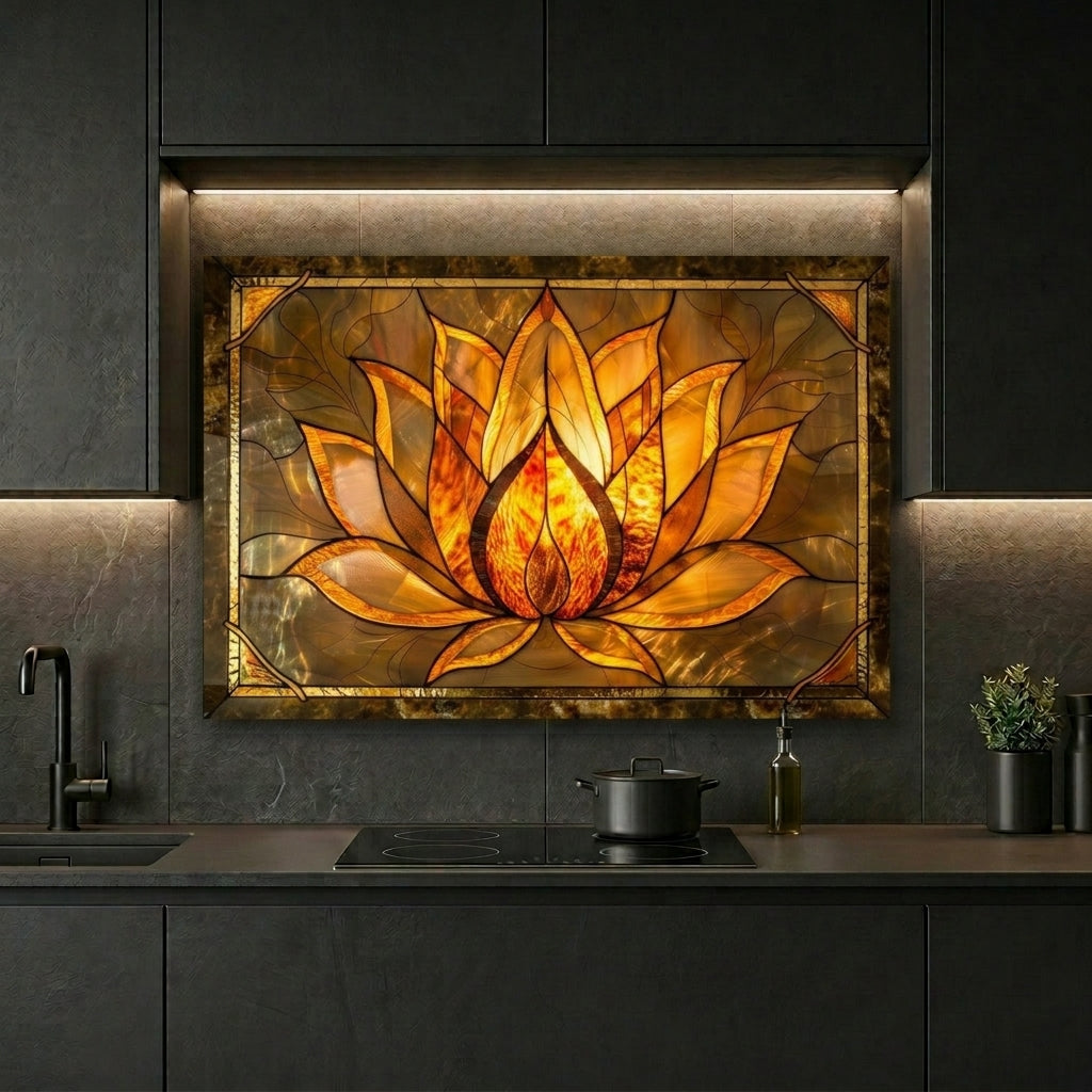 Lotus Metal Kitchen Backsplash Panel, Stained Glass Inspired Wall Art