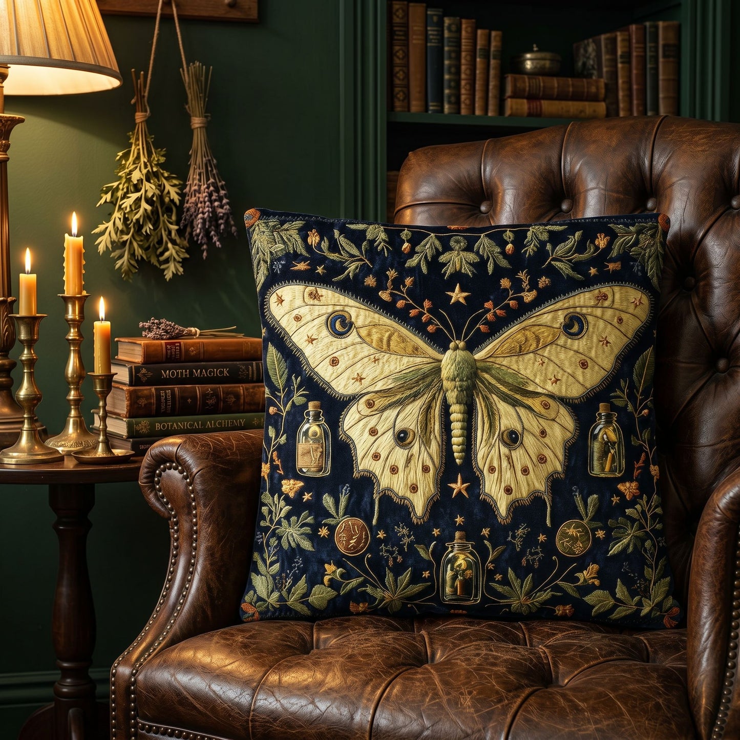 Luna Moth Apothecary Pillow – Embroidered-Look Dark Academia Botanical Decor
