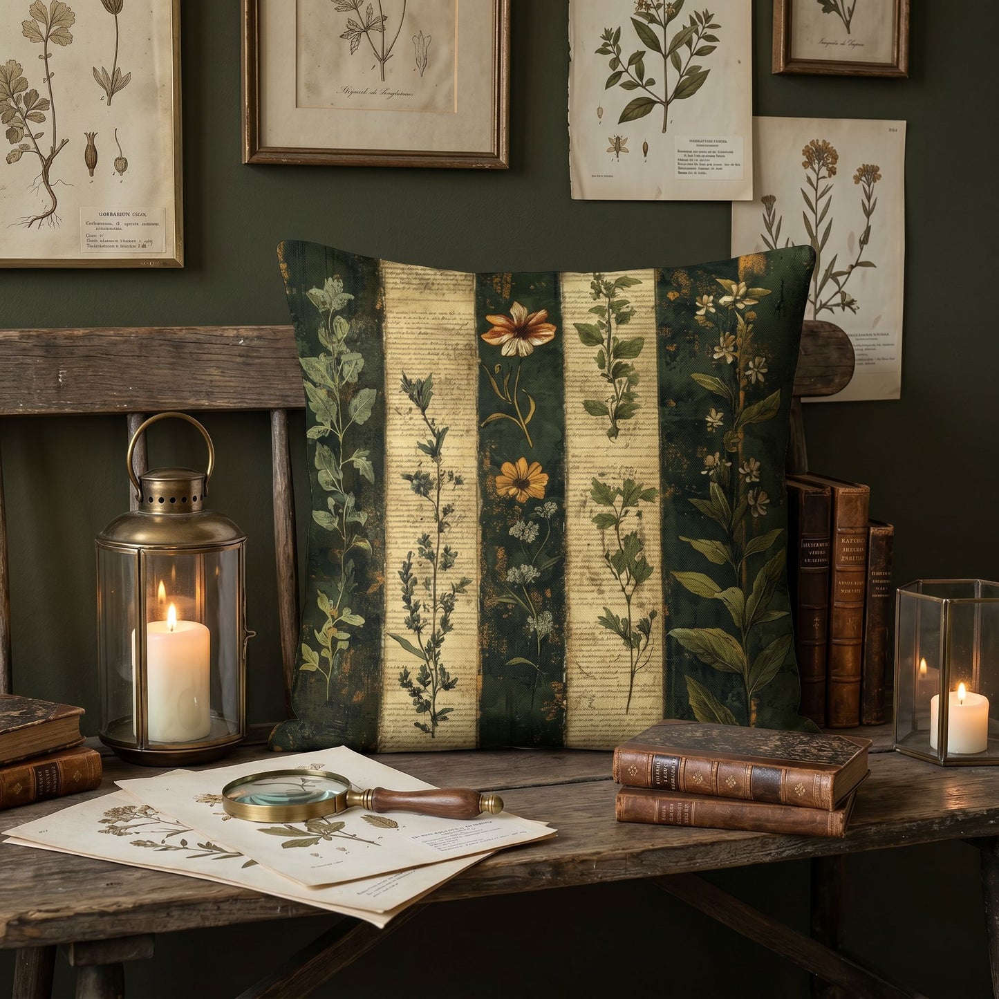 Luna Moth Apothecary Pillow – Embroidered-Look Dark Academia Botanical Decor