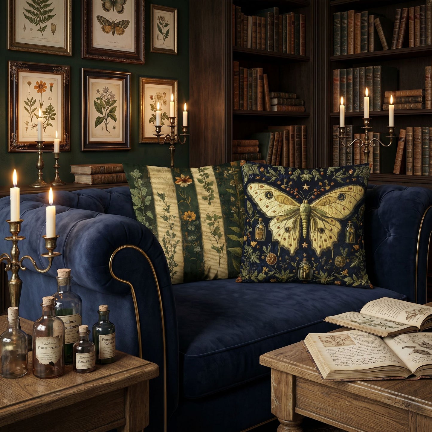 Luna Moth Apothecary Pillow – Embroidered-Look Dark Academia Botanical Decor