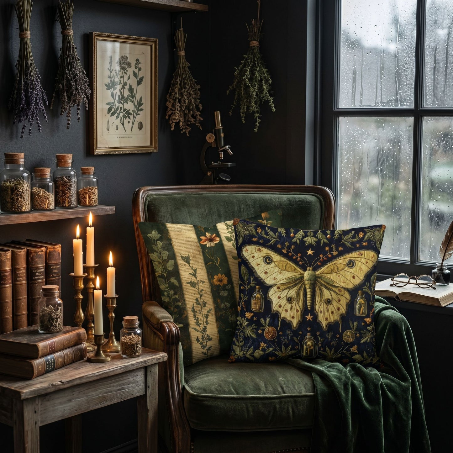 Luna Moth Apothecary Pillow – Embroidered-Look Dark Academia Botanical Decor