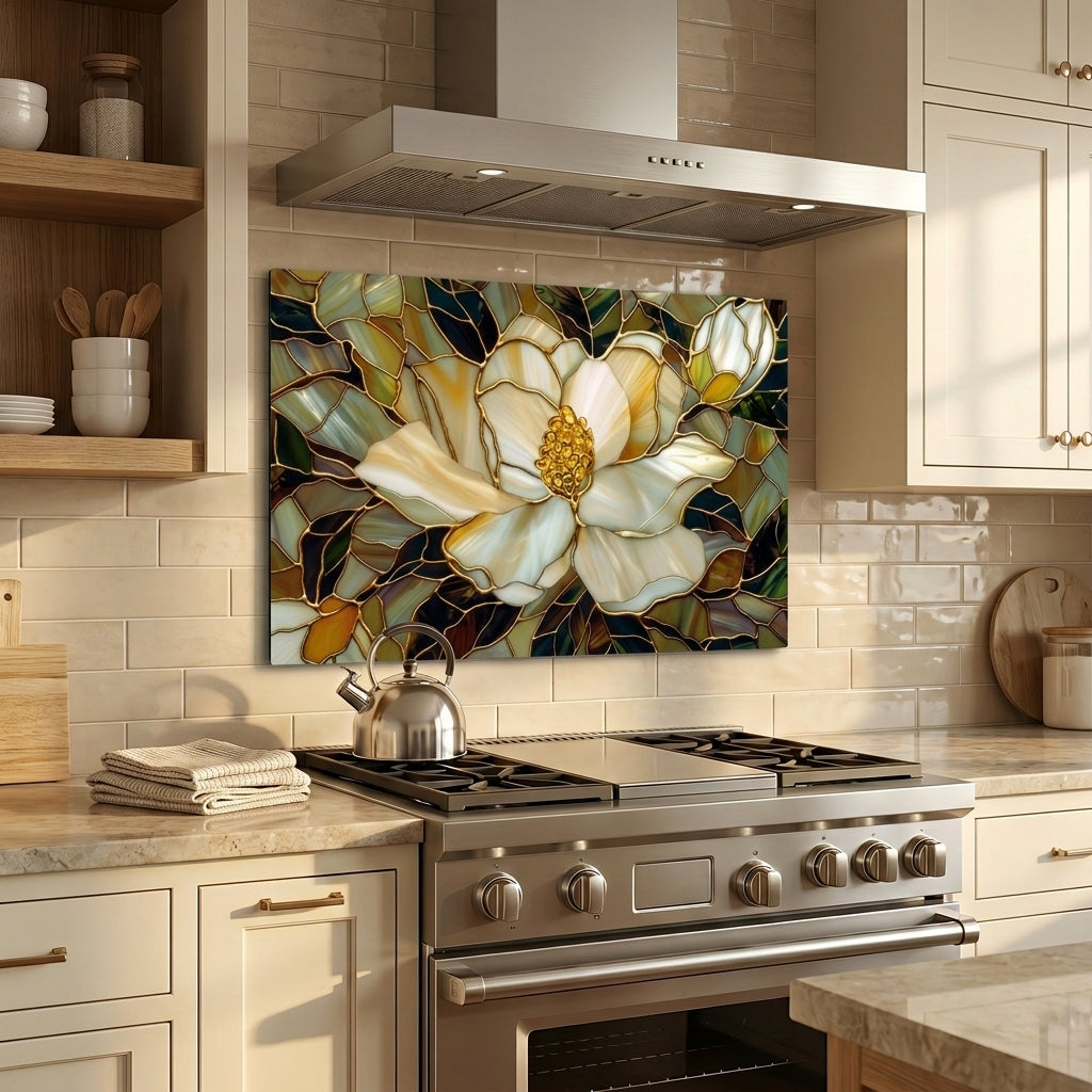 Magnolia Metal Kitchen Backsplash Panel, Stained Glass Inspired Wall Art