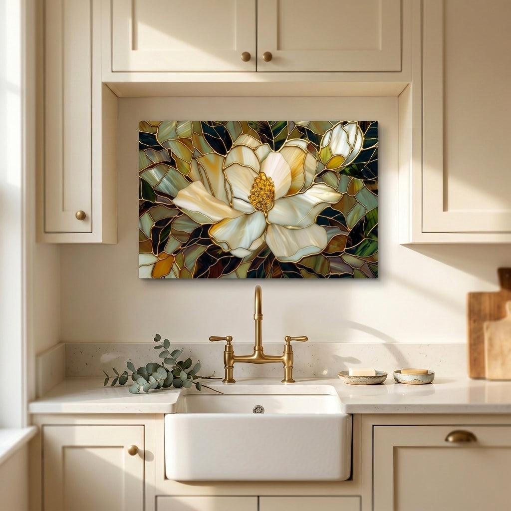 Magnolia Metal Kitchen Backsplash Panel, Stained Glass Inspired Wall Art