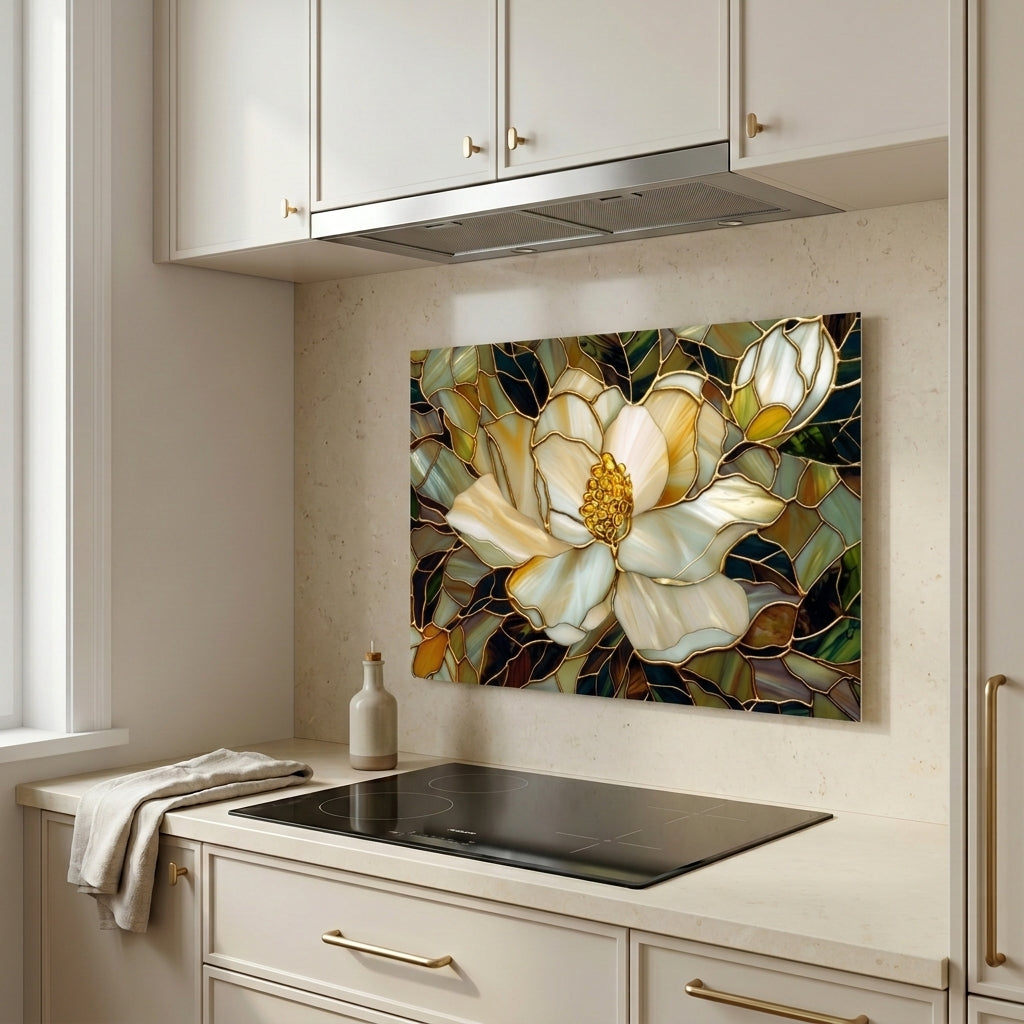 Magnolia Metal Kitchen Backsplash Panel, Stained Glass Inspired Wall Art