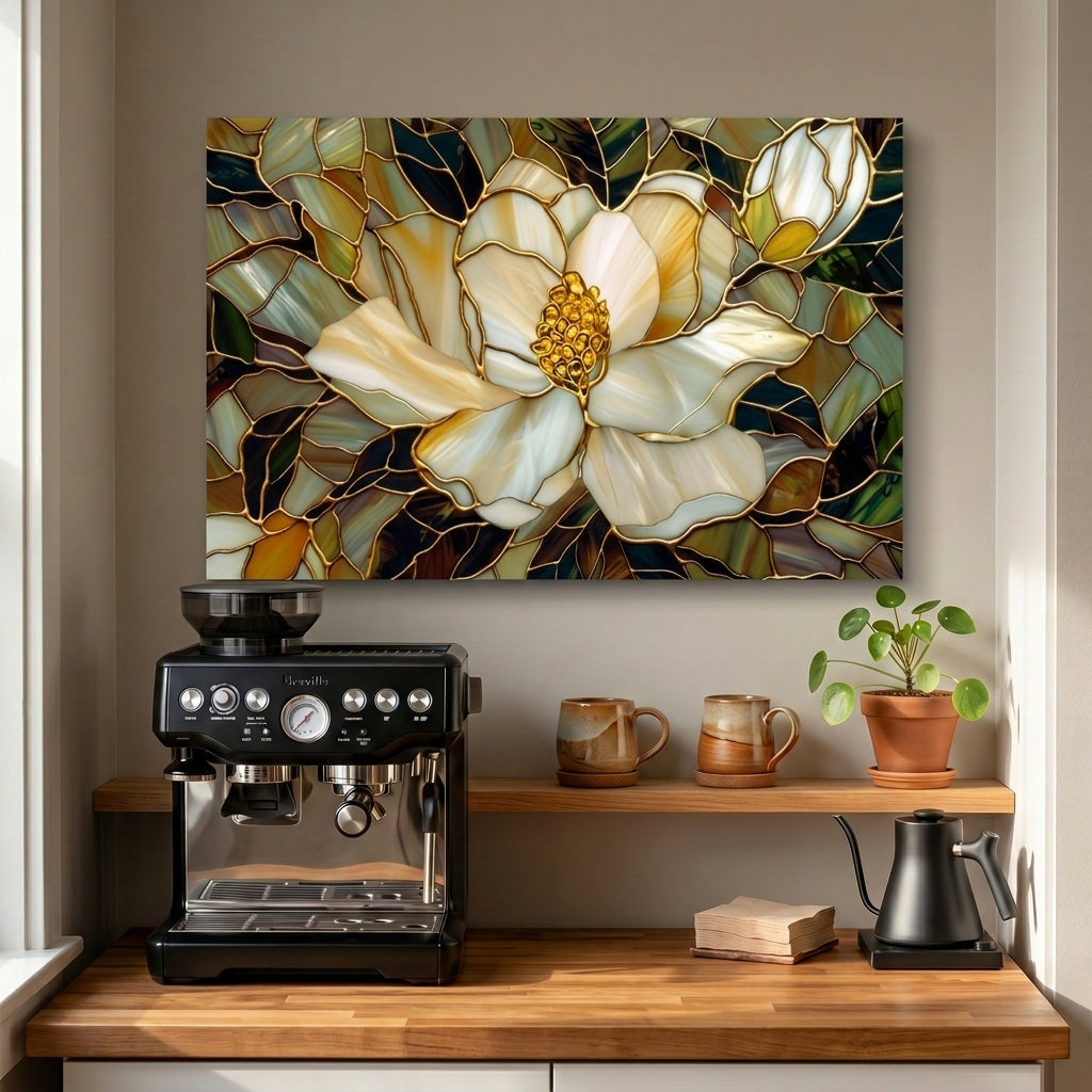 Magnolia Metal Kitchen Backsplash Panel, Stained Glass Inspired Wall Art