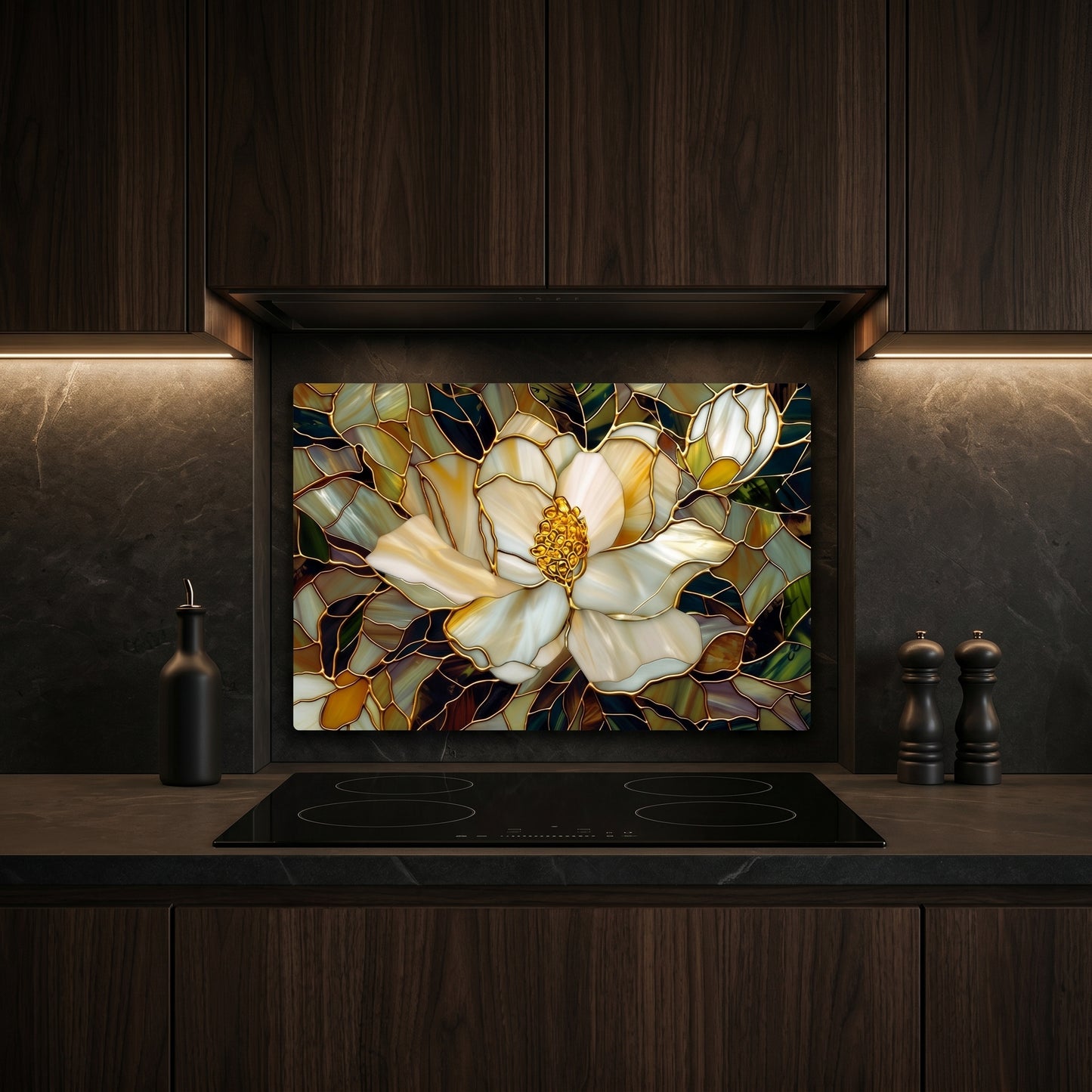 Magnolia Metal Kitchen Backsplash Panel, Stained Glass Inspired Wall Art