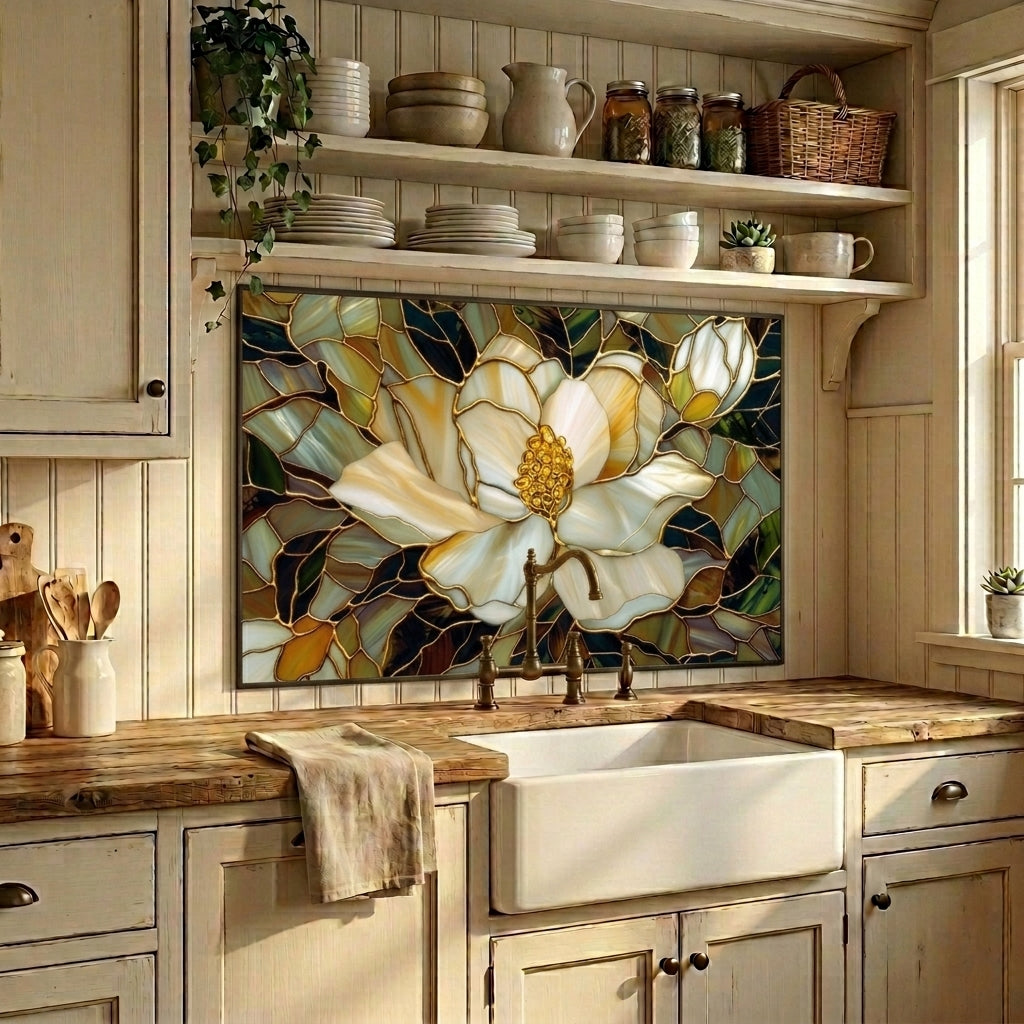 Magnolia Metal Kitchen Backsplash Panel, Stained Glass Inspired Wall Art
