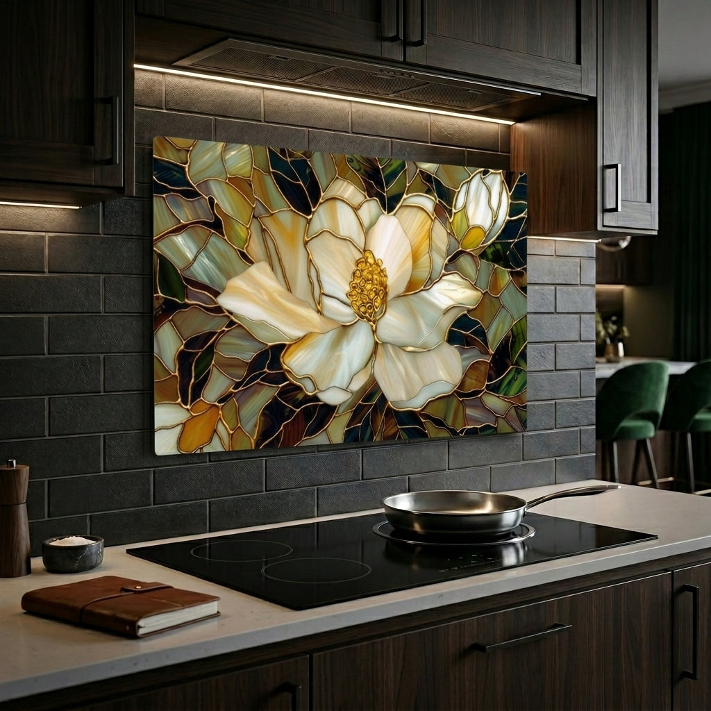 Magnolia Metal Kitchen Backsplash Panel, Stained Glass Inspired Wall Art