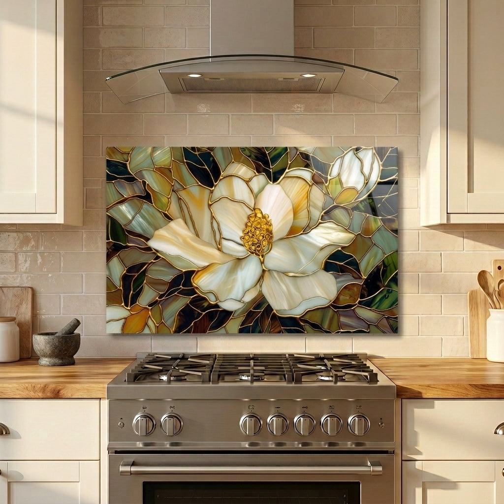 Magnolia Metal Kitchen Backsplash Panel, Stained Glass Inspired Wall Art