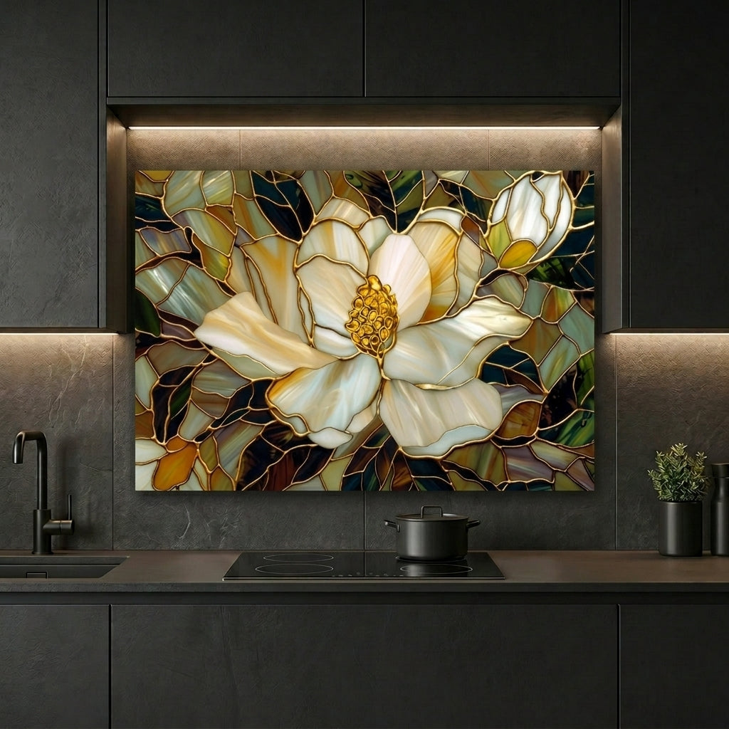 Magnolia Metal Kitchen Backsplash Panel, Stained Glass Inspired Wall Art
