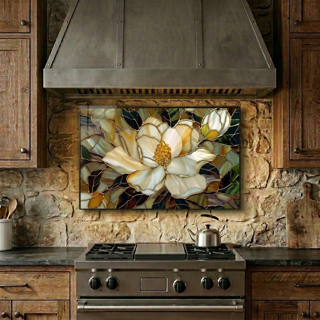 Magnolia Metal Kitchen Backsplash Panel, Stained Glass Inspired Wall Art