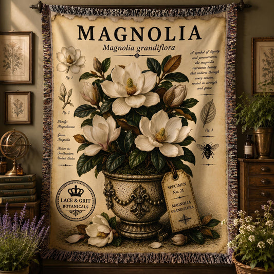 Magnolia Woven Throw Blanket, Botanical Garden Decor, Cotton Tapestry Throw, English Cottage Floral Gift