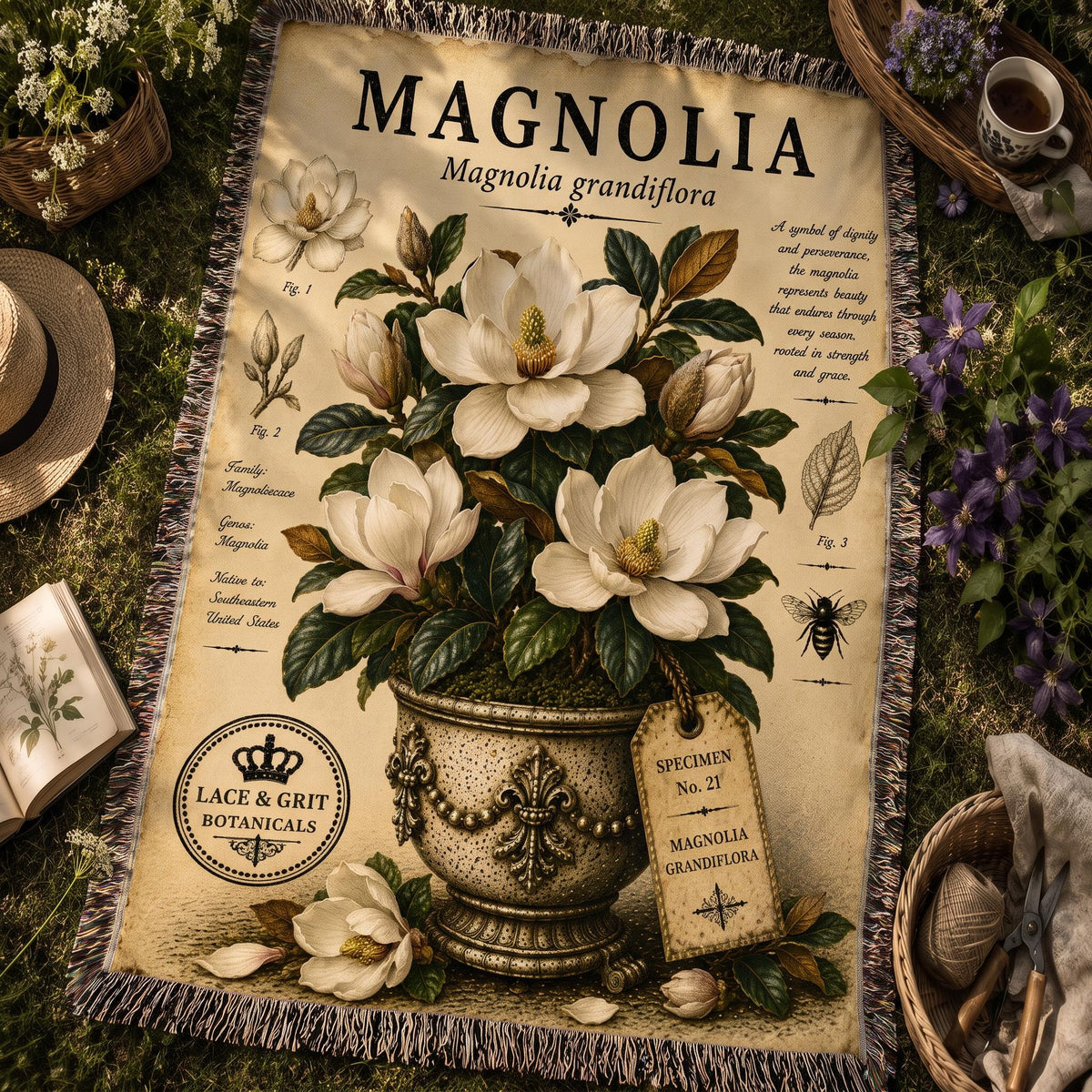 Magnolia Woven Throw Blanket, Botanical Garden Decor, Cotton Tapestry Throw, English Cottage Floral Gift