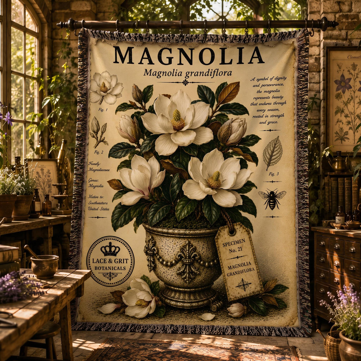 Magnolia Woven Throw Blanket, Botanical Garden Decor, Cotton Tapestry Throw, English Cottage Floral Gift