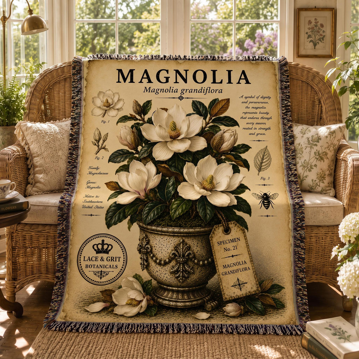 Magnolia Woven Throw Blanket, Botanical Garden Decor, Cotton Tapestry Throw, English Cottage Floral Gift