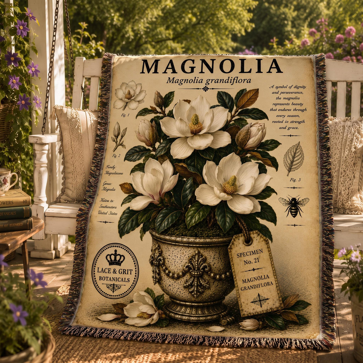 Magnolia Woven Throw Blanket, Botanical Garden Decor, Cotton Tapestry Throw, English Cottage Floral Gift