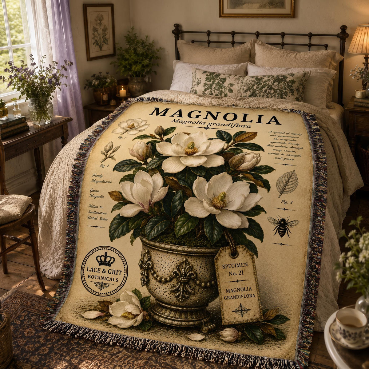 Magnolia Woven Throw Blanket, Botanical Garden Decor, Cotton Tapestry Throw, English Cottage Floral Gift