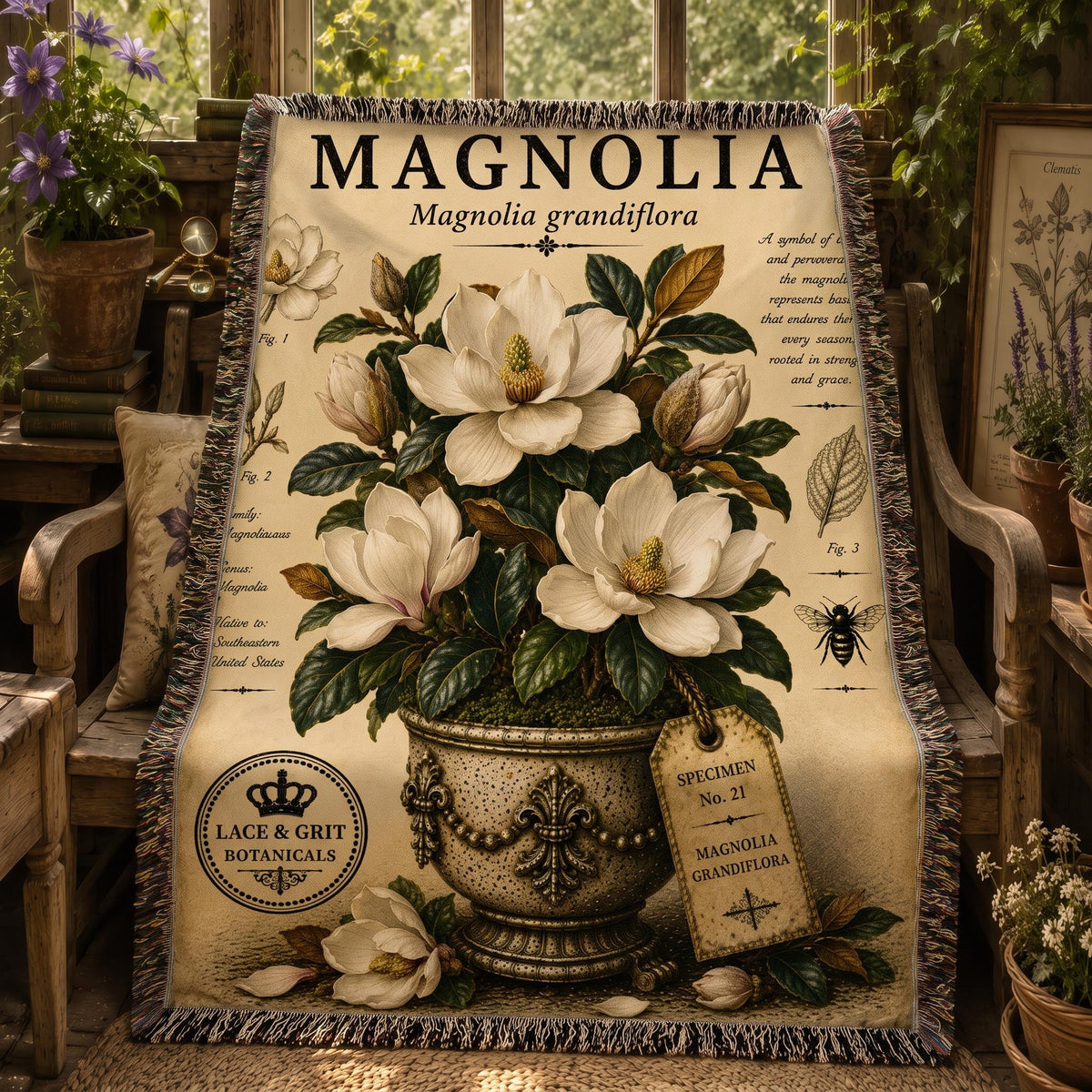 Magnolia Woven Throw Blanket, Botanical Garden Decor, Cotton Tapestry Throw, English Cottage Floral Gift