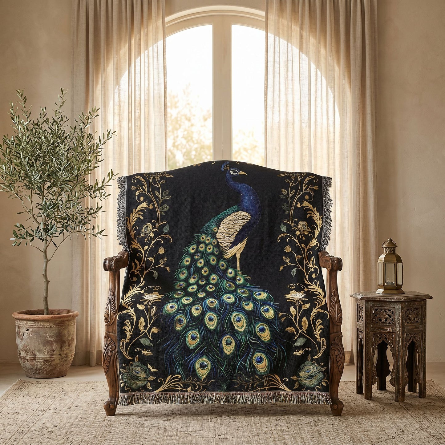 Beaded Look Peacock Woven Blanket | Artisan Global Boho Decor