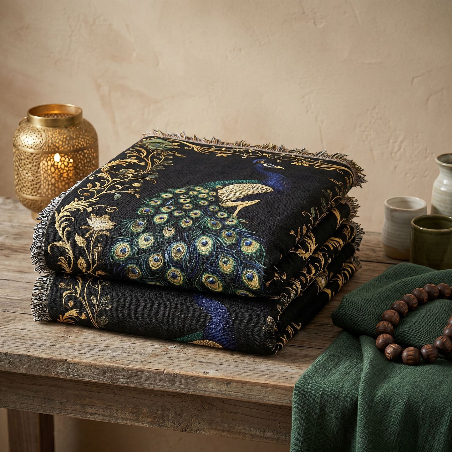 Beaded Look Peacock Woven Blanket | Artisan Global Boho Decor
