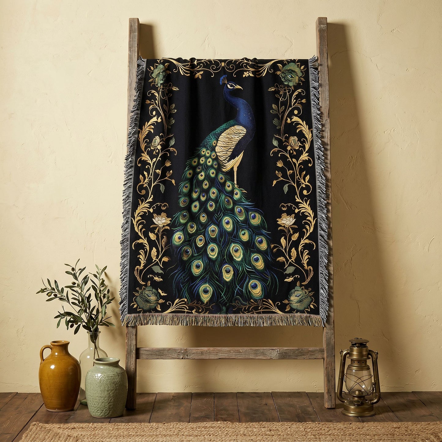Beaded Look Peacock Woven Blanket | Artisan Global Boho Decor