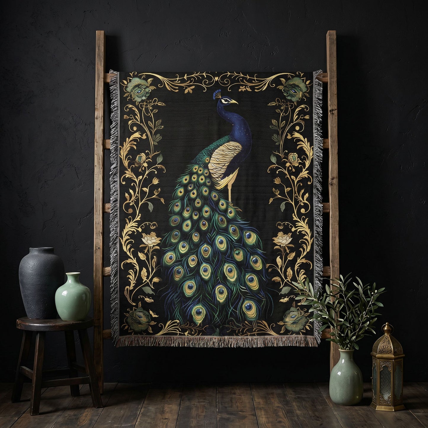 Beaded Look Peacock Woven Blanket | Artisan Global Boho Decor