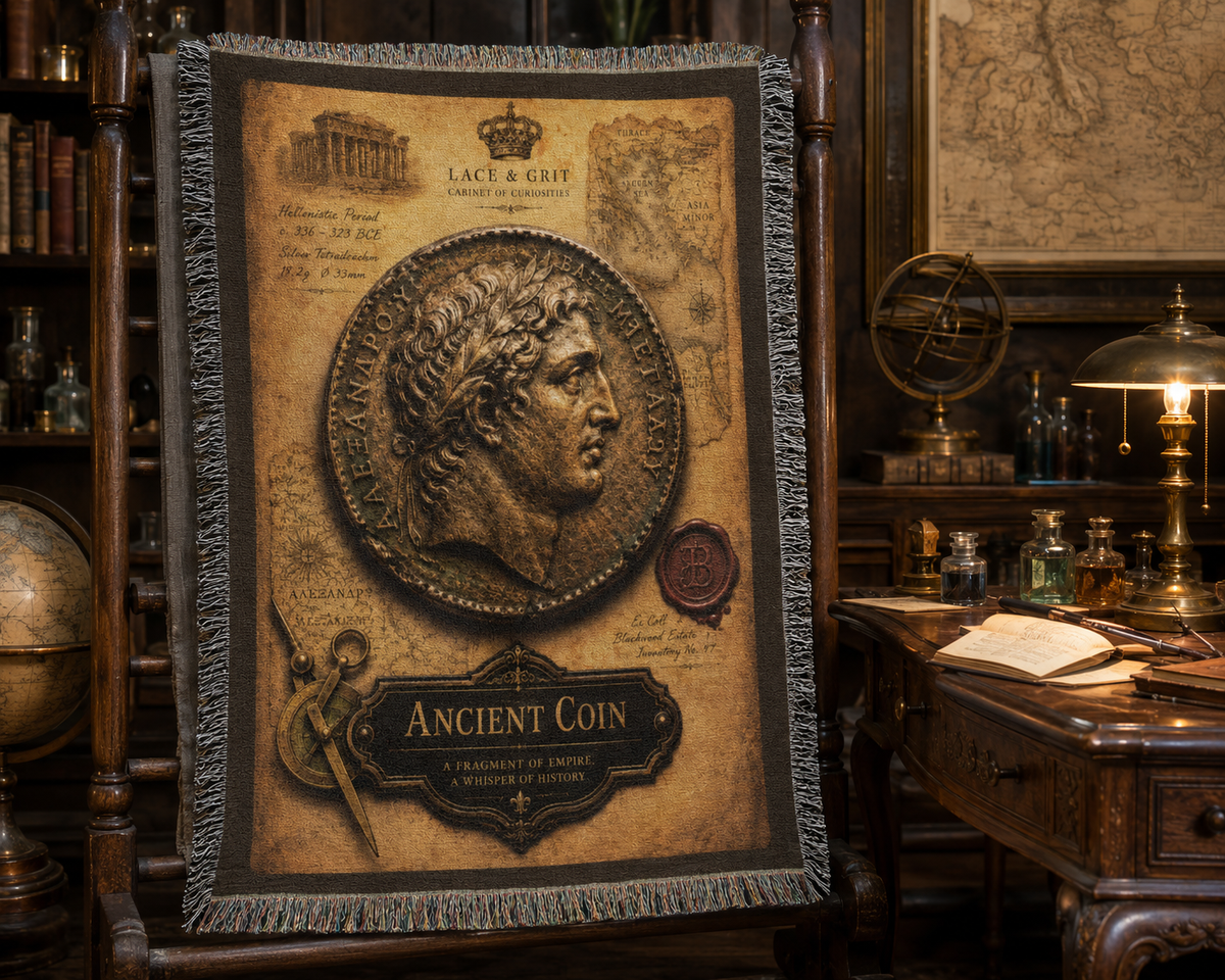 Ancient Coin Woven Throw Blanket | Cabinet of Curiosities Decor | Cotton Tapestry | Archaeology History Gift