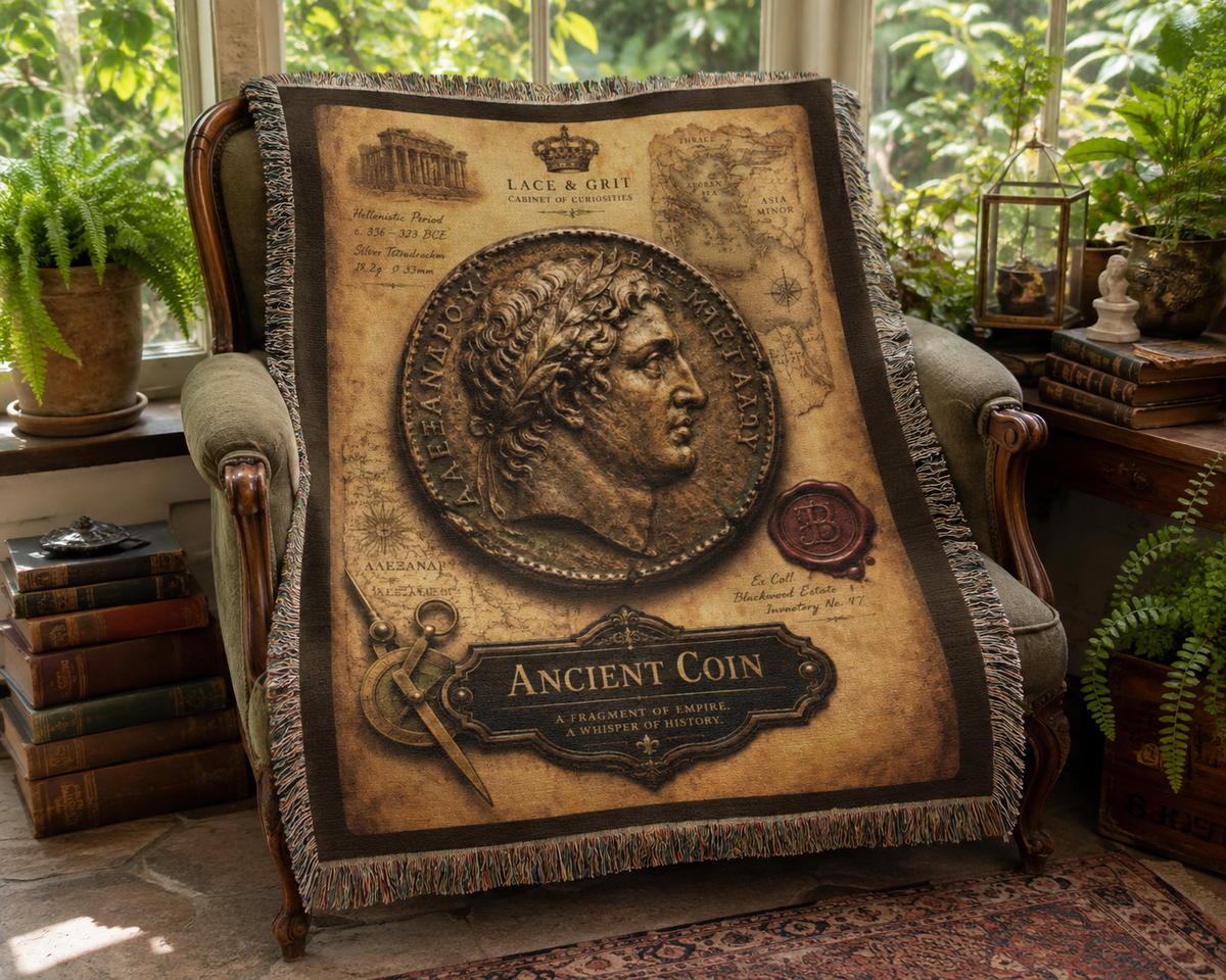 Ancient Coin Woven Throw Blanket | Cabinet of Curiosities Decor | Cotton Tapestry | Archaeology History Gift