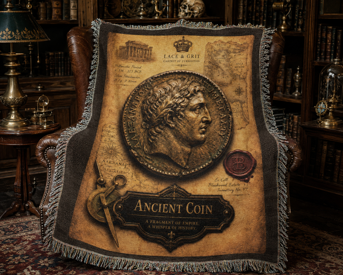 Ancient Coin Woven Throw Blanket | Cabinet of Curiosities Decor | Cotton Tapestry | Archaeology History Gift