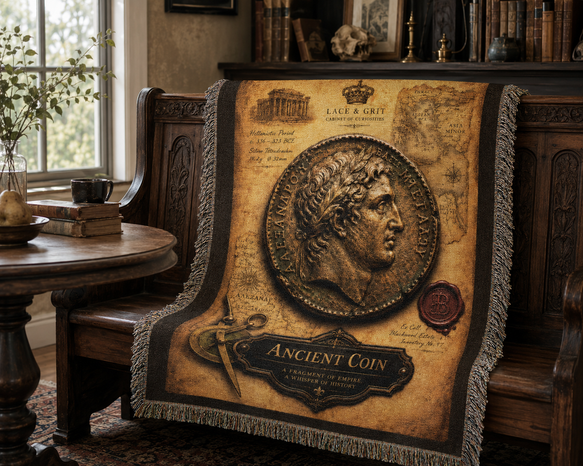 Ancient Coin Woven Throw Blanket | Cabinet of Curiosities Decor | Cotton Tapestry | Archaeology History Gift