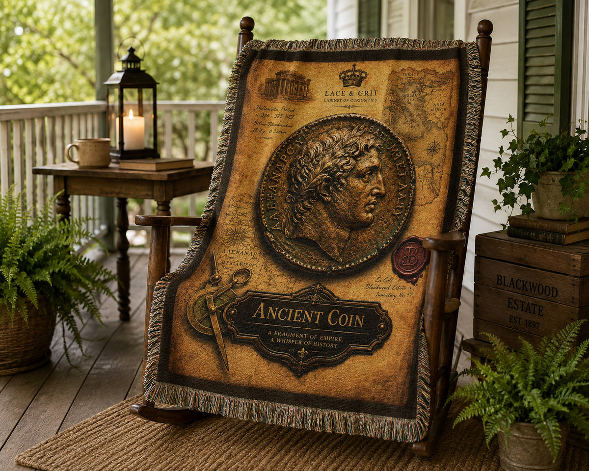Ancient Coin Woven Throw Blanket | Cabinet of Curiosities Decor | Cotton Tapestry | Archaeology History Gift