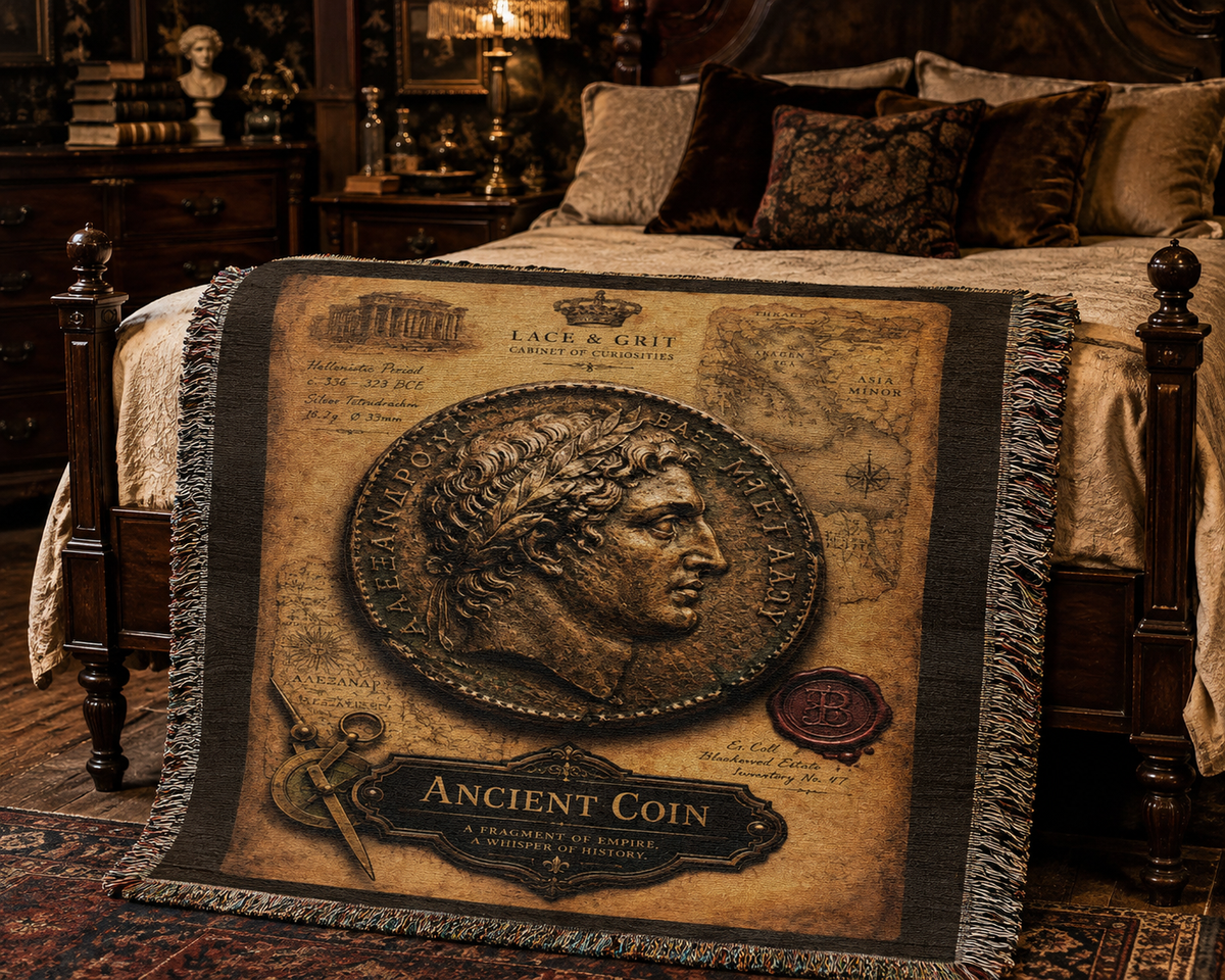 Ancient Coin Woven Throw Blanket | Cabinet of Curiosities Decor | Cotton Tapestry | Archaeology History Gift
