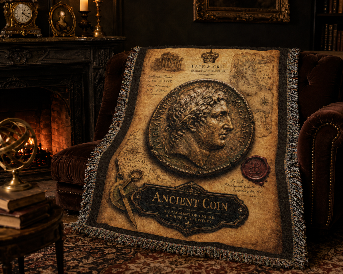 Ancient Coin Woven Throw Blanket | Cabinet of Curiosities Decor | Cotton Tapestry | Archaeology History Gift