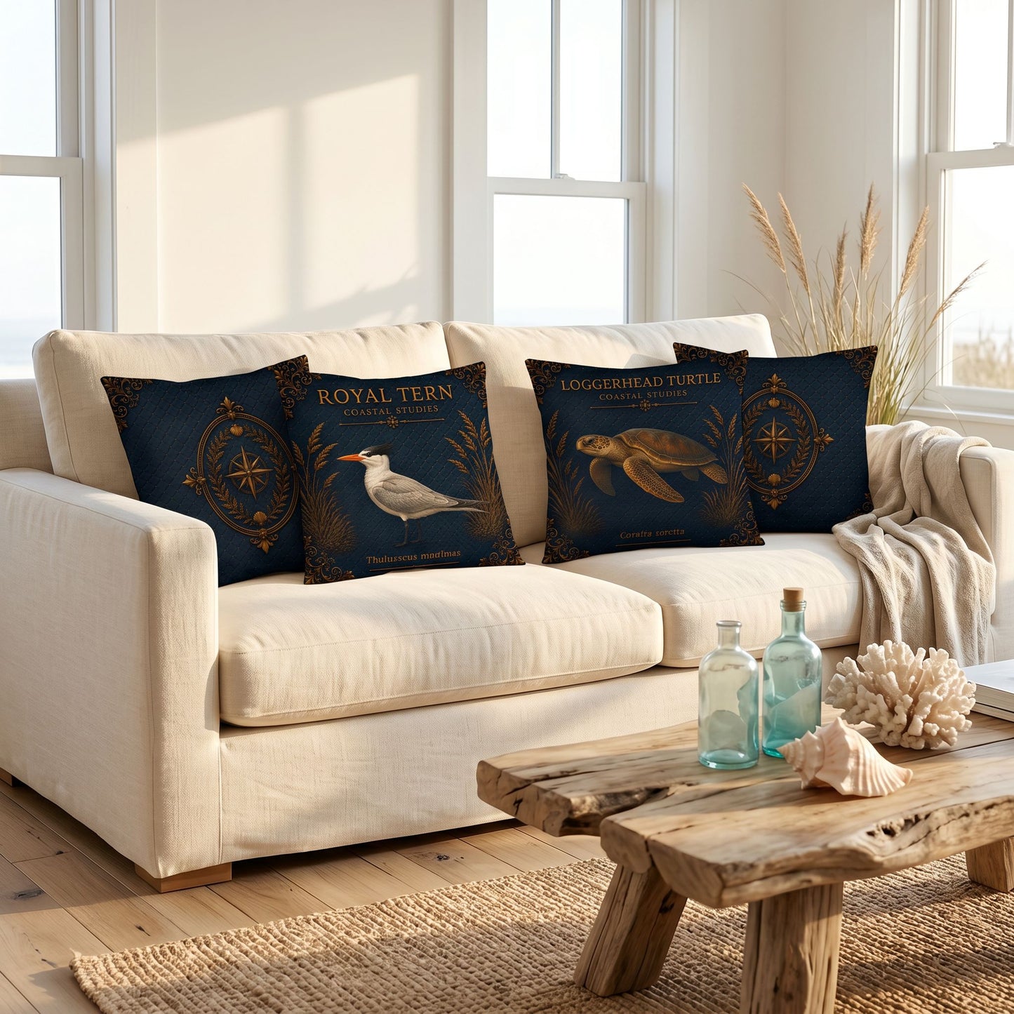 Blue Heron Coastal Pillow, Nautical Throw Pillow, Navy Coastal Cushion, Beach House & Lake House Decor, Coastal Grandma Style