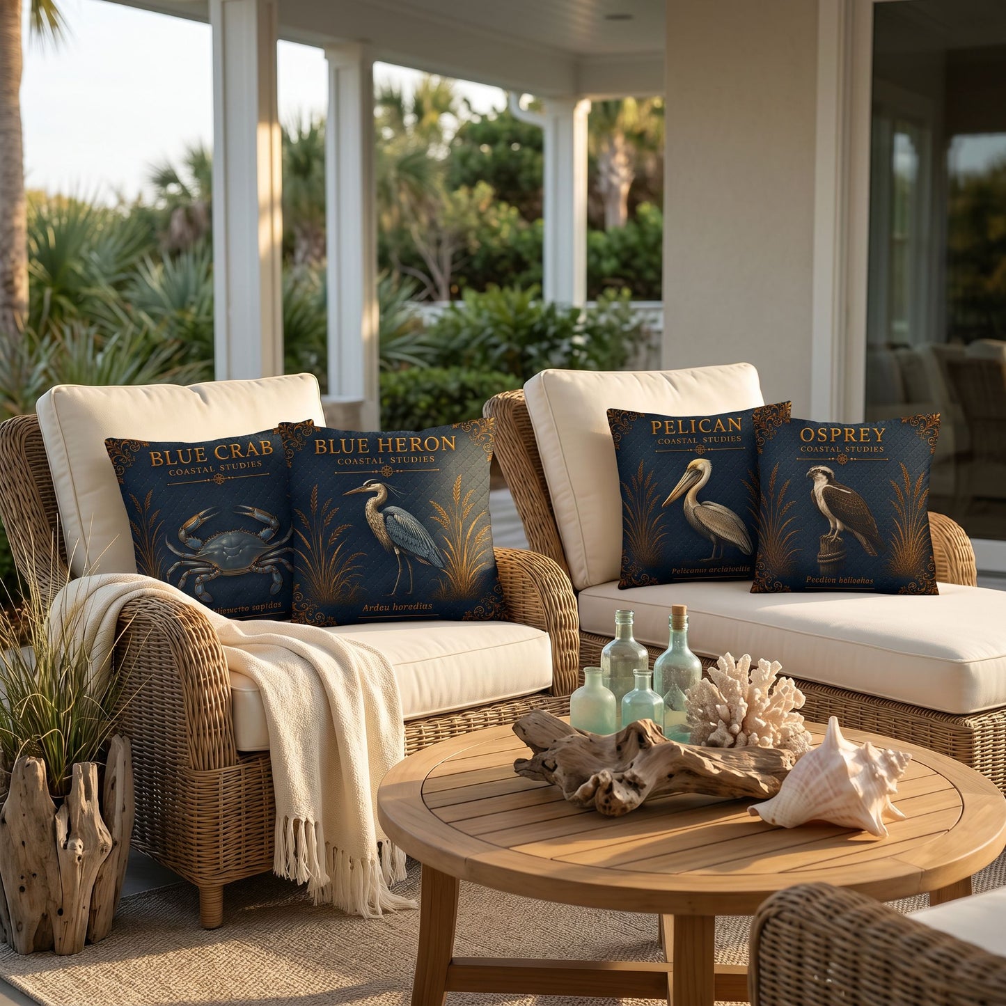 Blue Heron Coastal Pillow, Nautical Throw Pillow, Navy Coastal Cushion, Beach House & Lake House Decor, Coastal Grandma Style
