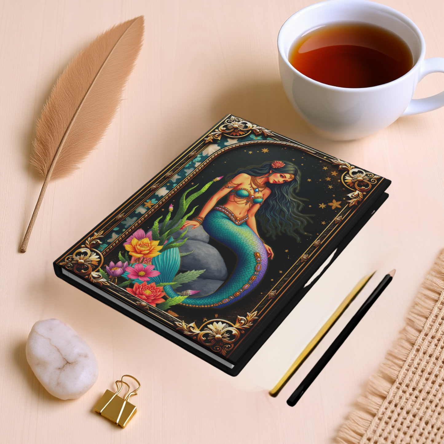 Mermaid Journal – Ocean Fantasy Notebook, Gold Filigree Mermaid Diary, Personalized Hardcover Journal, Sea Lover Gift for Writers