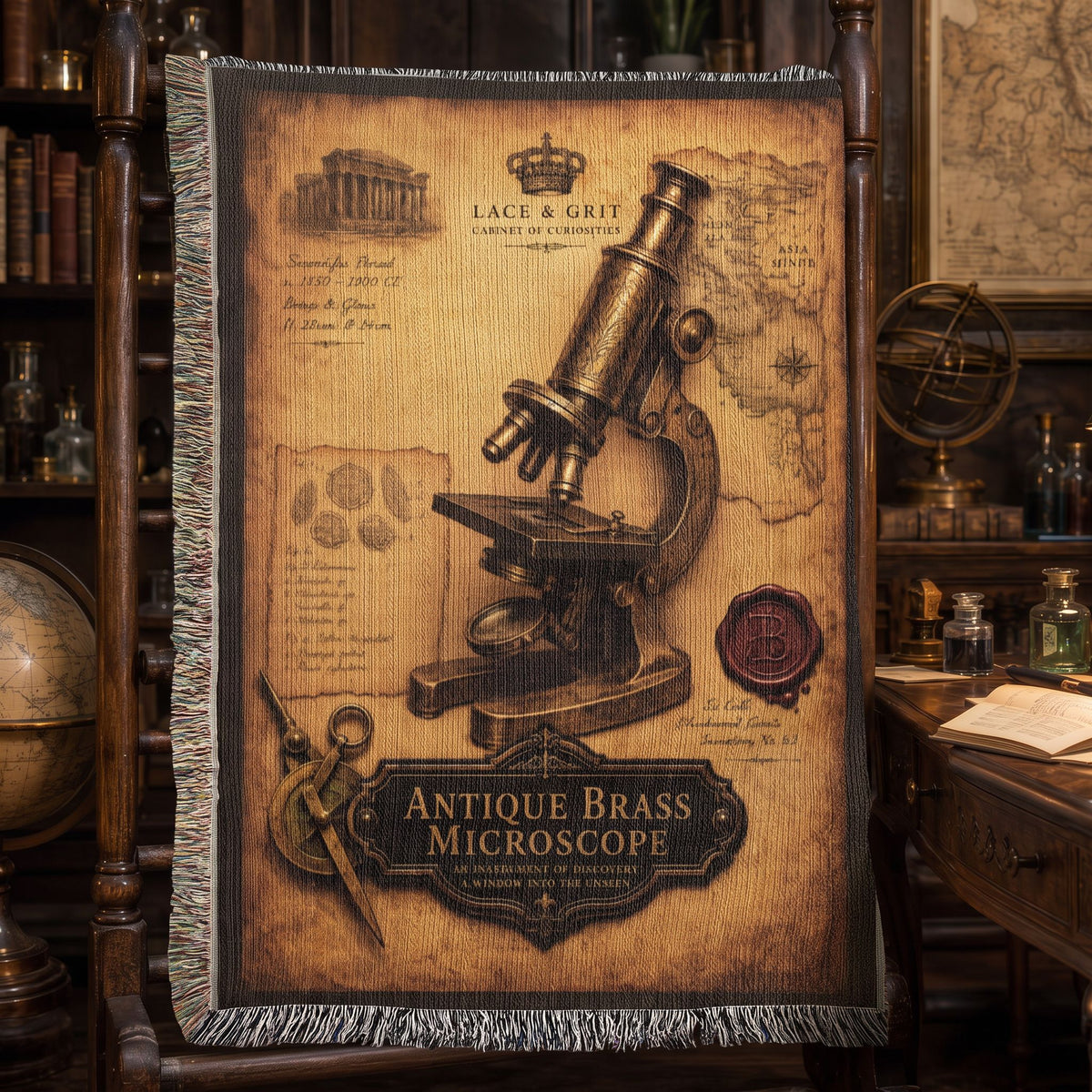 Antique Brass Microscope Woven Throw Blanket | Cabinet of Curiosities Decor | Cotton Tapestry | Science History Gift