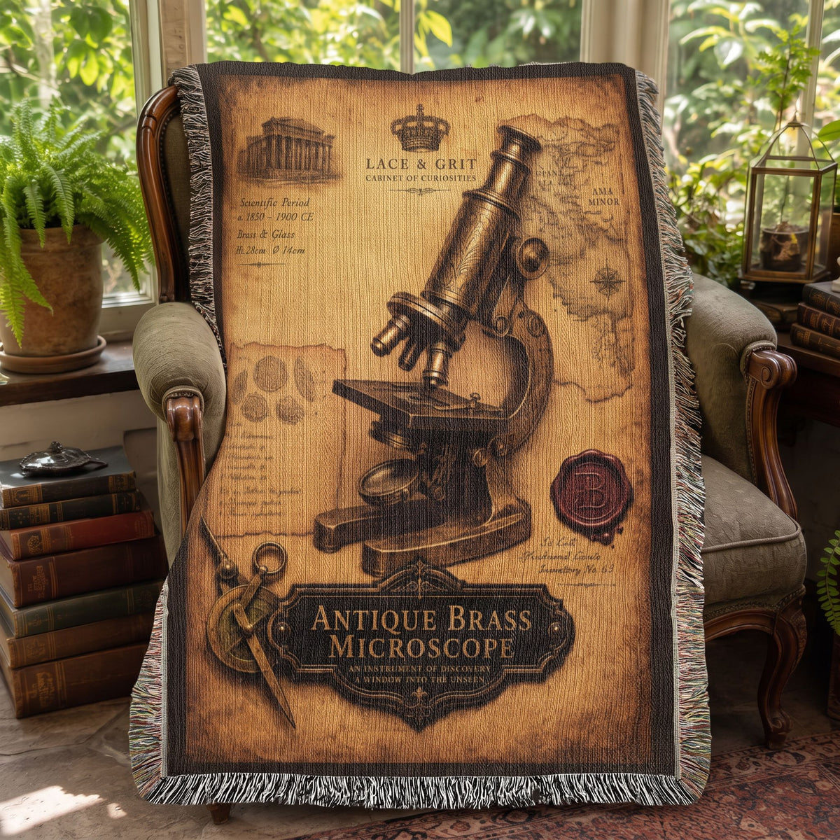Antique Brass Microscope Woven Throw Blanket | Cabinet of Curiosities Decor | Cotton Tapestry | Science History Gift