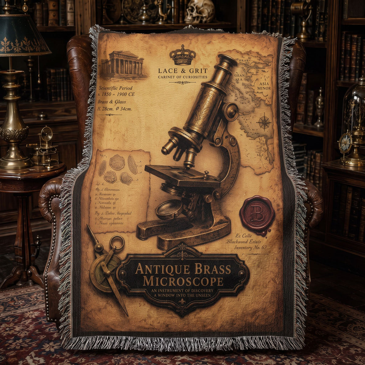 Antique Brass Microscope Woven Throw Blanket | Cabinet of Curiosities Decor | Cotton Tapestry | Science History Gift