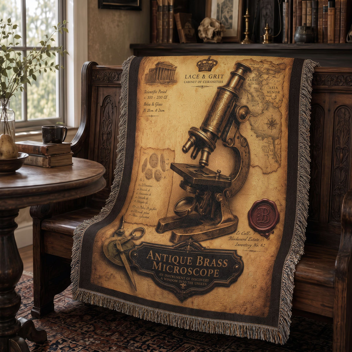 Antique Brass Microscope Woven Throw Blanket | Cabinet of Curiosities Decor | Cotton Tapestry | Science History Gift