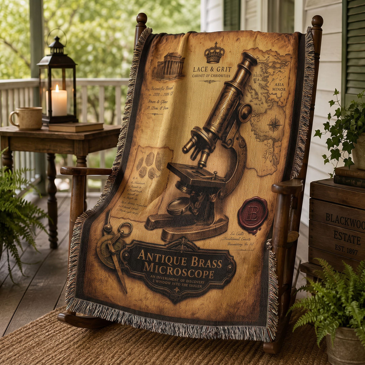 Antique Brass Microscope Woven Throw Blanket | Cabinet of Curiosities Decor | Cotton Tapestry | Science History Gift