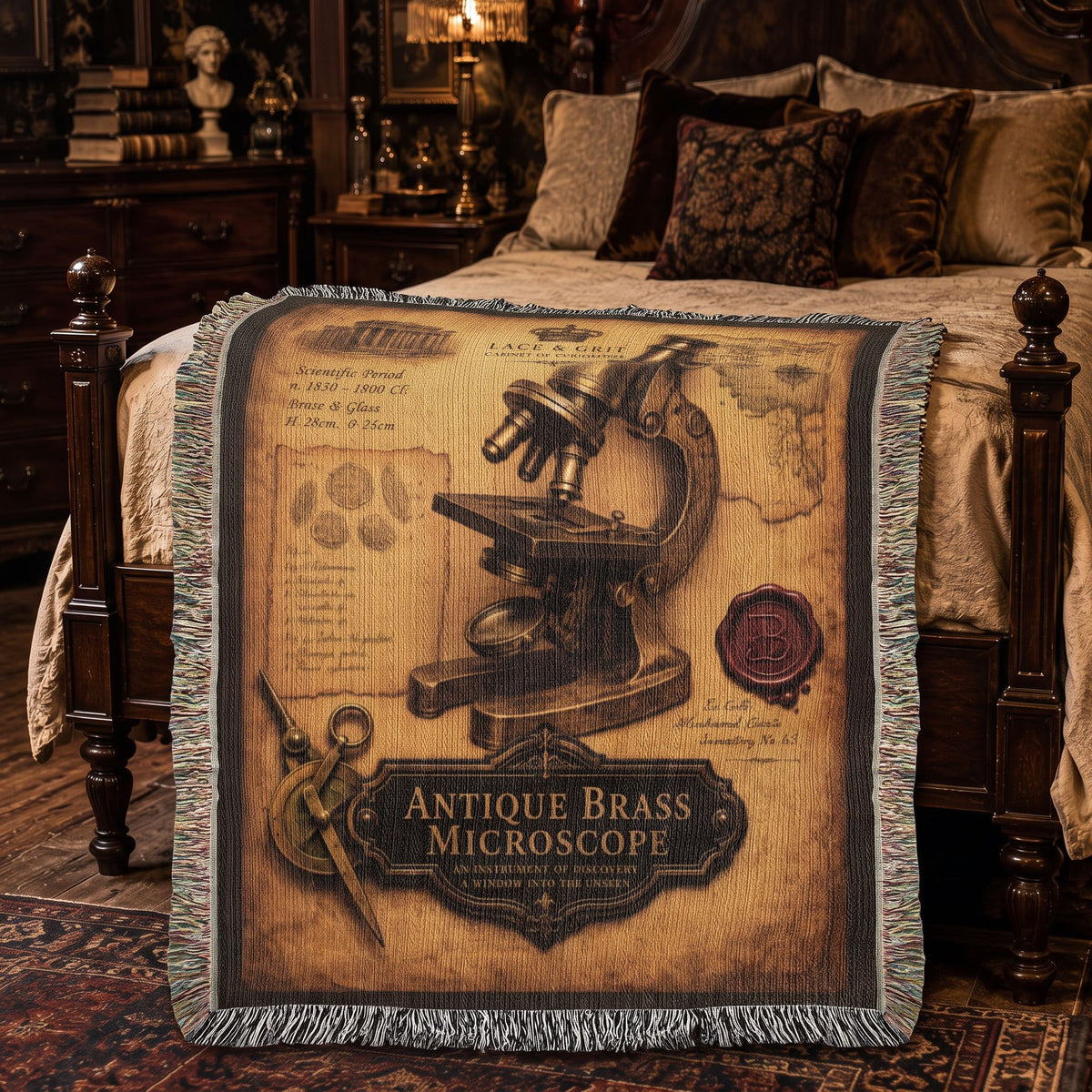 Antique Brass Microscope Woven Throw Blanket | Cabinet of Curiosities Decor | Cotton Tapestry | Science History Gift