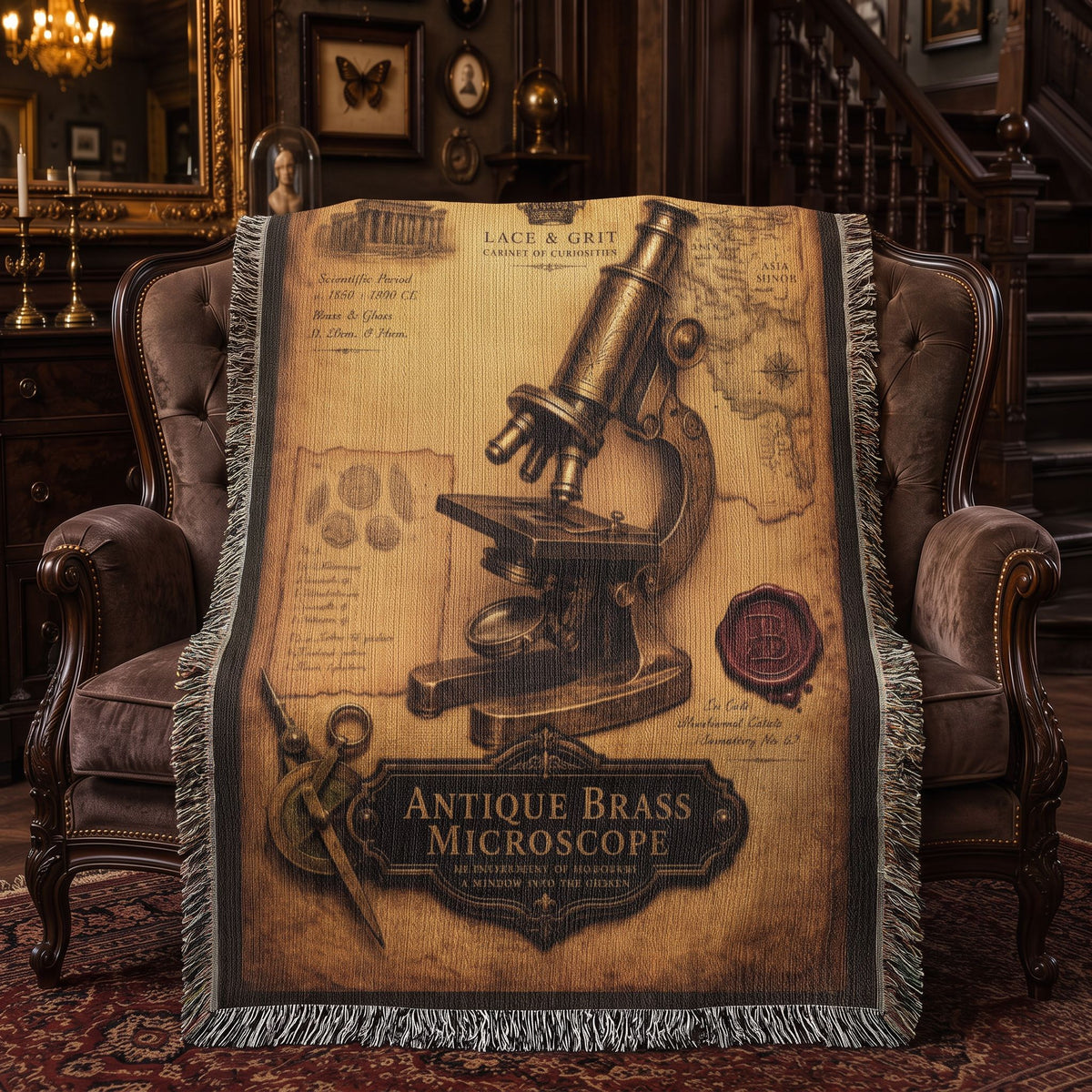 Antique Brass Microscope Woven Throw Blanket | Cabinet of Curiosities Decor | Cotton Tapestry | Science History Gift