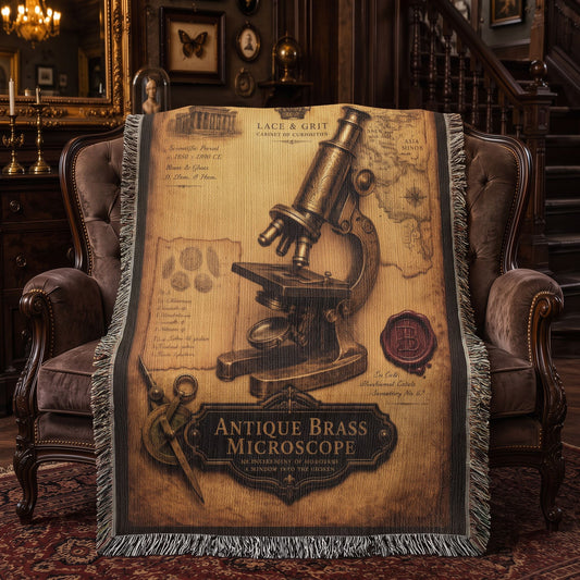 Antique Brass Microscope Woven Throw Blanket | Cabinet of Curiosities Decor | Cotton Tapestry | Science History Gift