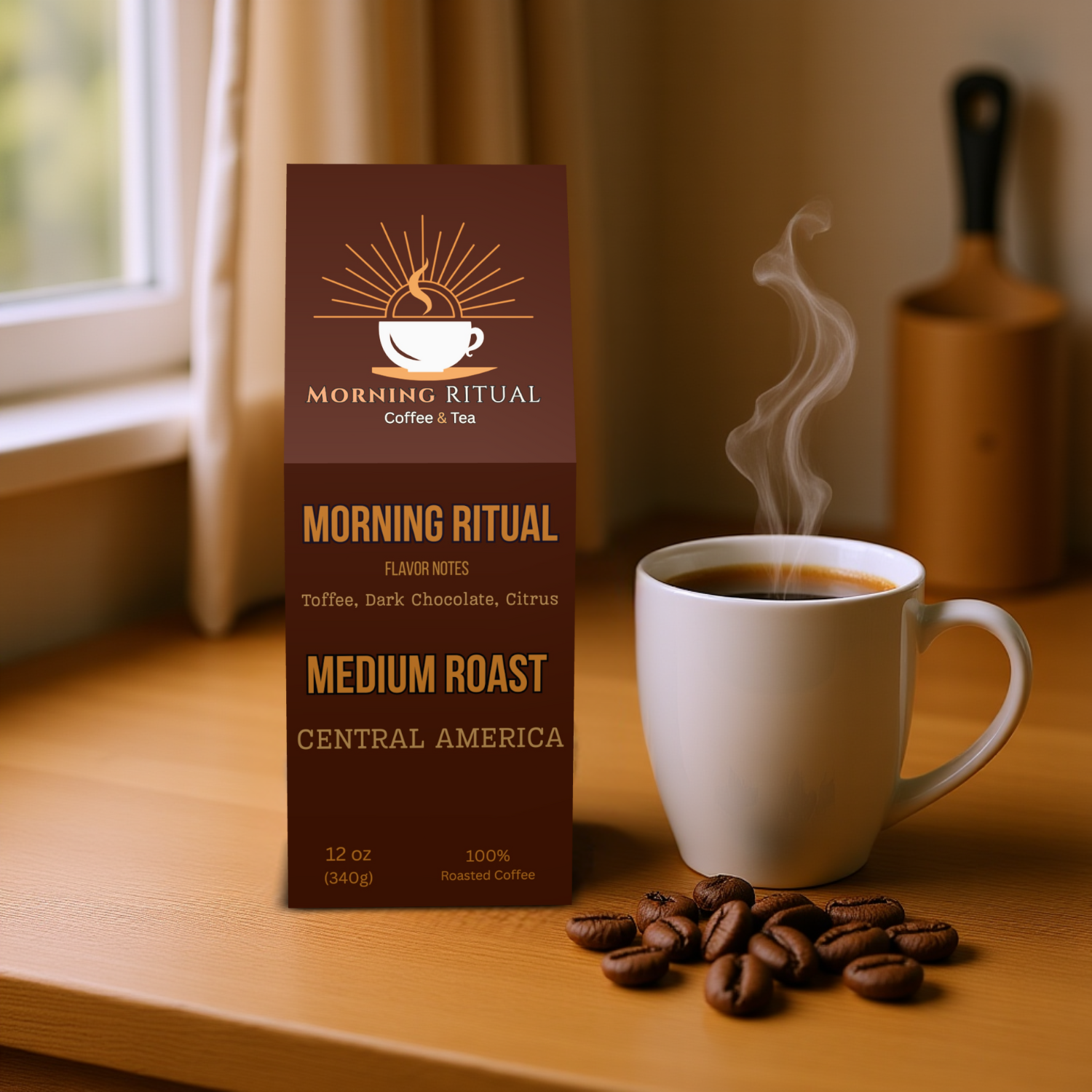 Morning Ritual coffee packaging with a steaming cup of coffee and beans on a wooden surface.