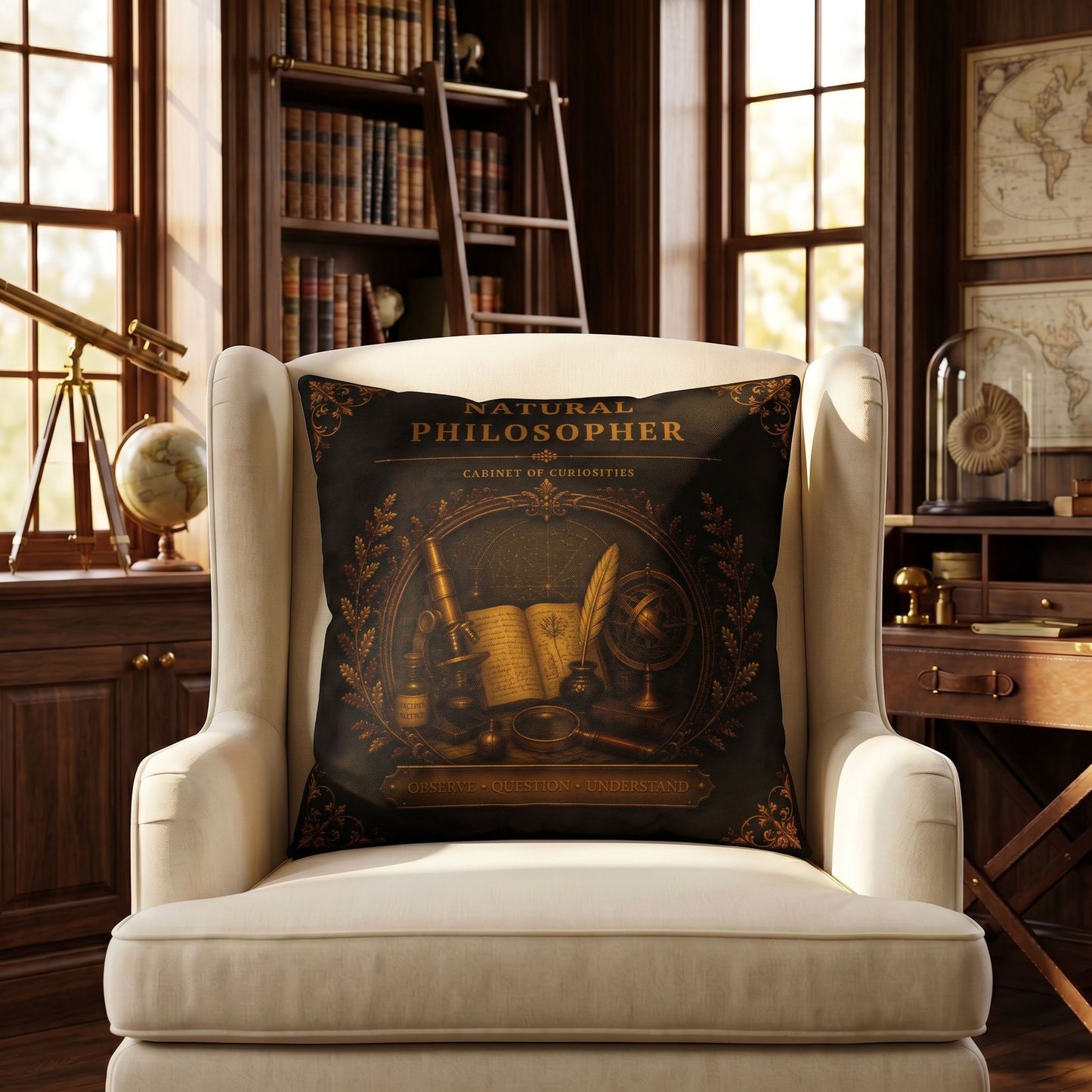 Natural Philosopher Cabinet of Curiosities Pillow, Dark Academia Throw Pillow, Library Decor Cushion, Museum Style Home Accent
