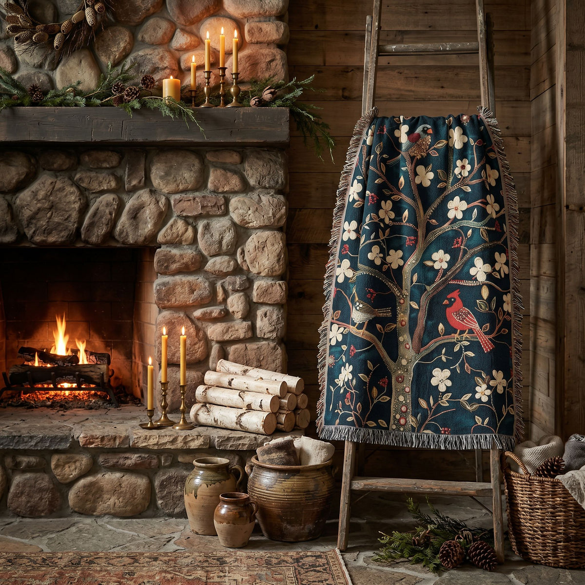 Cozy Songbird Blossom Woven Blanket | Cottage Bird & Floral Throw