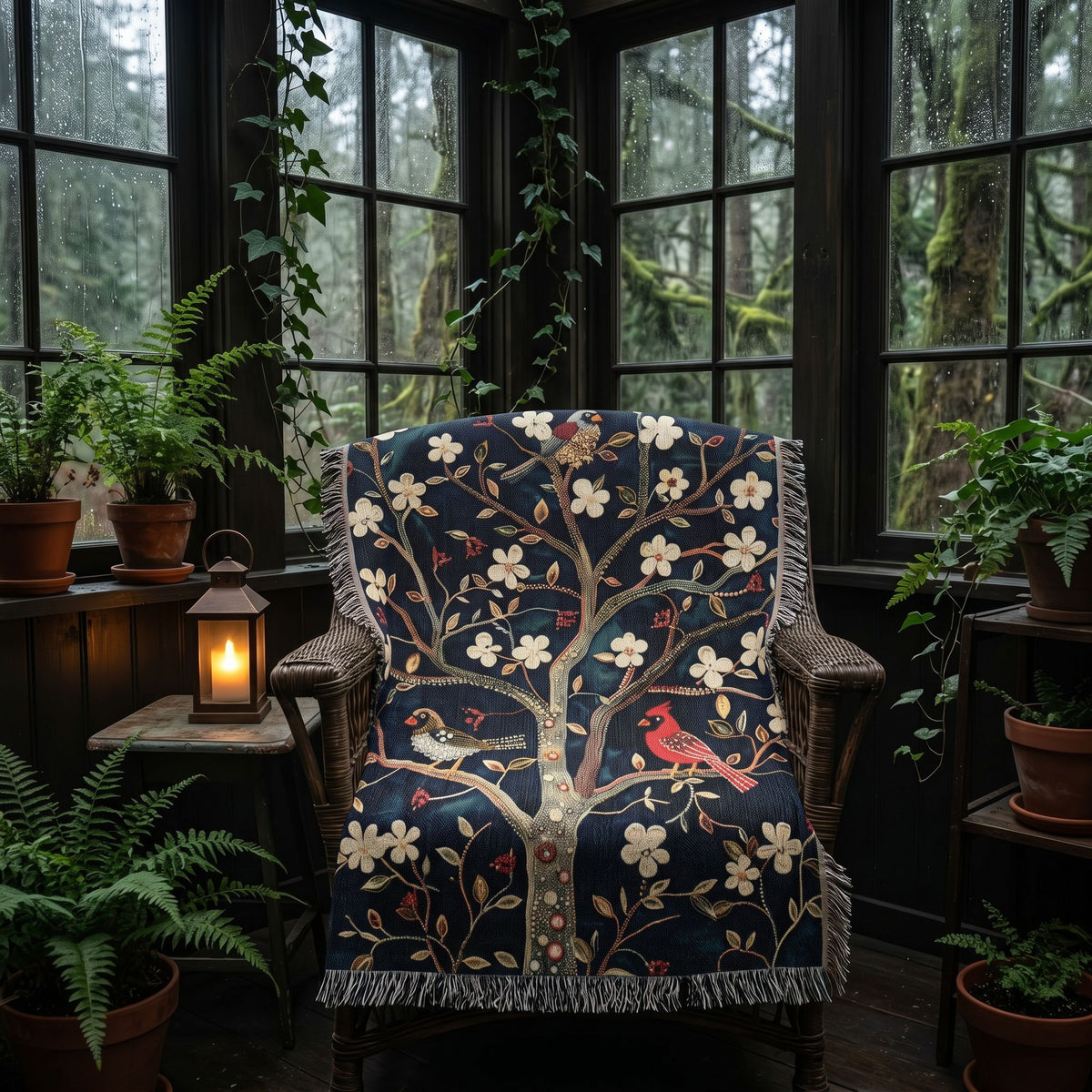 Cozy Songbird Blossom Woven Blanket | Cottage Bird & Floral Throw