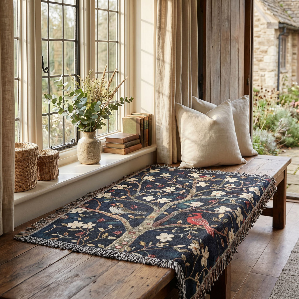 Cozy Songbird Blossom Woven Blanket | Cottage Bird & Floral Throw
