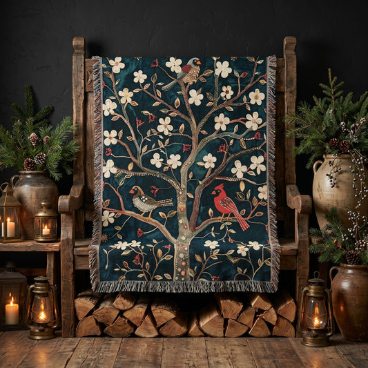 Cozy Songbird Blossom Woven Blanket | Cottage Bird & Floral Throw